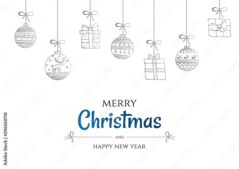 Merry Christmas and happy new year vector poster or greeting card design with hand drawn doodles elements. Present box and balls. Xmas banner with silver and blue gradient.