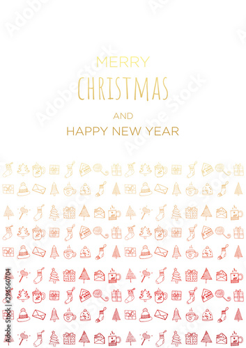 Merry Christmas and happy new year vector poster or greeting card design with hand drawn doodles elements. Xmas banner with gold and red gradient.