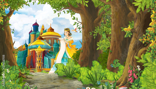 Cartoon nature scene with beautiful girl princess and castle - illustration for the children