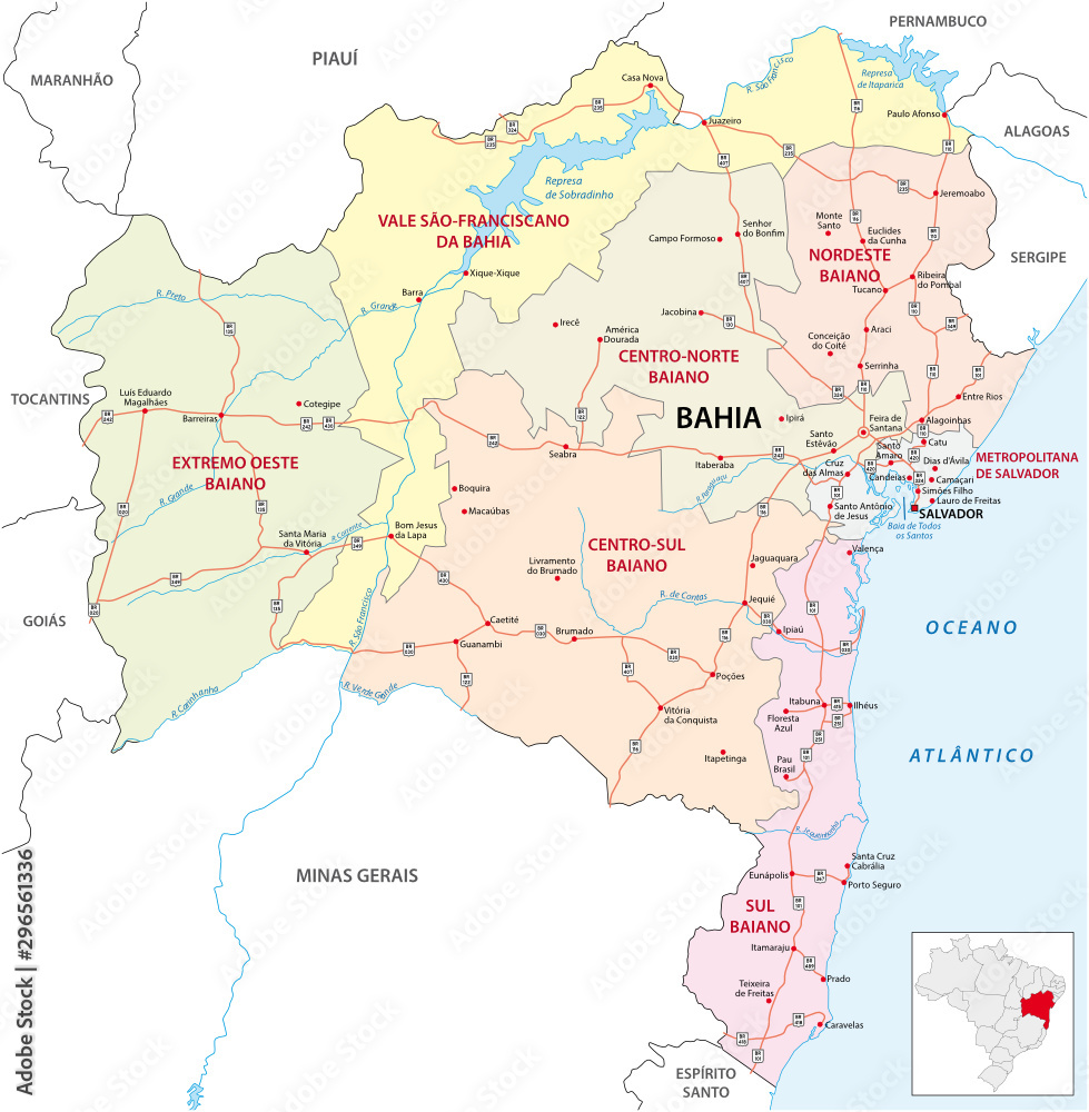 bahia road and administrative map, brazil