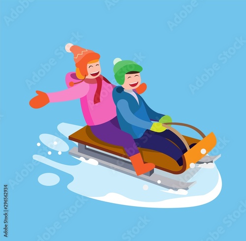 boy and girl rides on a sleigh  in the snow. Winter. happy  together  couple Flat vector illustration.