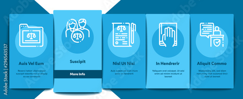 Law And Judgement Onboarding Mobile App Page Screen Vector Thin Line. Courthouse And Judge, Gun And Magnifier, Fingerprint And Suitcase, Law Document Concept Linear Pictograms. Illustrations