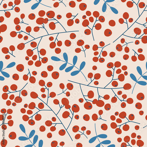 Winter seamless pattern: branches with rowan berries. Seamless pattern for greeting cards, wrapping papers, posters. Creative hand drawn pattern for winter holidays. Seamless texture for Christmas