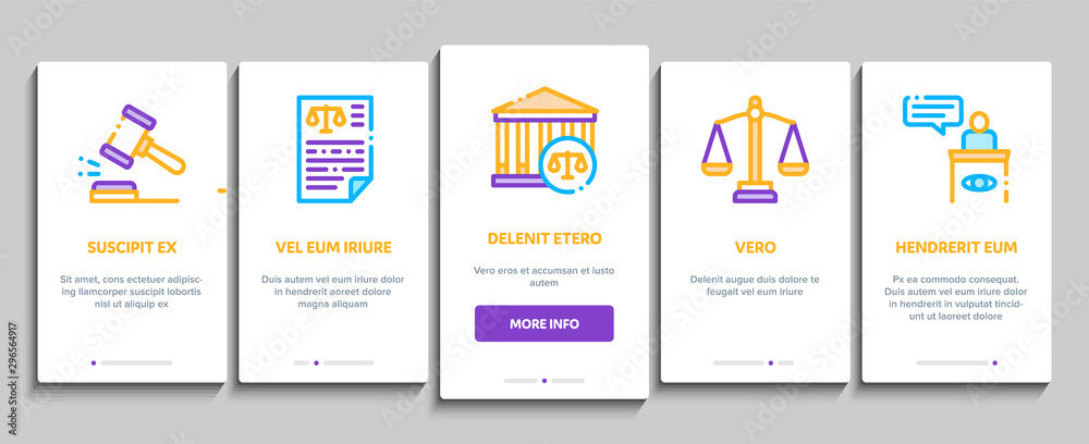 Law And Judgement Onboarding Mobile App Page Screen Vector Thin Line. Courthouse And Judge, Gun And Magnifier, Fingerprint And Suitcase, Law Document Concept Linear Pictograms. Illustrations