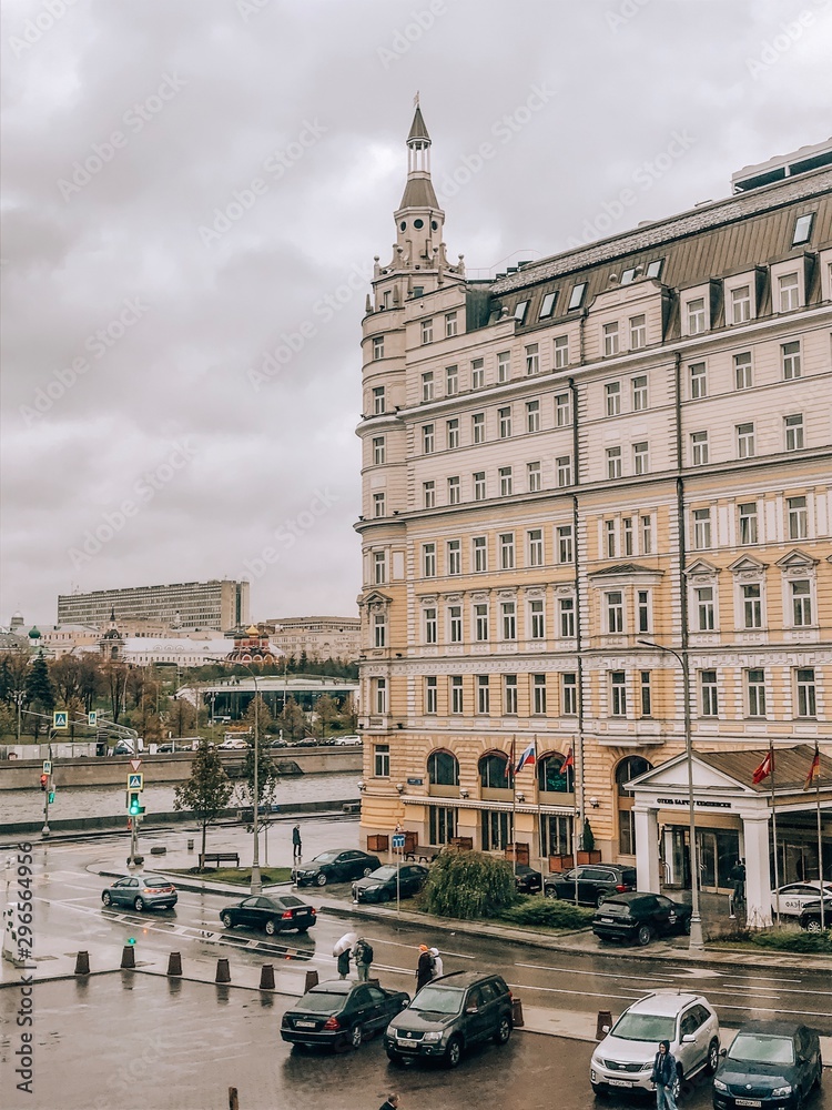 Moscow, Russia, October, 12, 2019: Hotel Baltschug Kempinski autumn rain view from the large Moskvoretsky Bridge