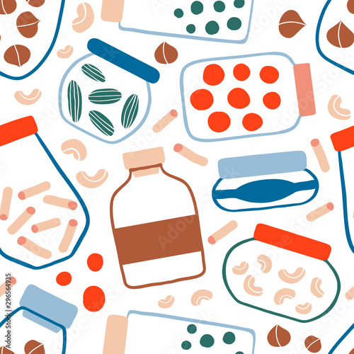 Seamless pattern with colorful doodle preserved food