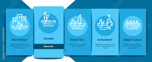 Canoeing Onboarding Mobile App Page Screen Vector Thin Line. Canoe Transportation On Car And Canoening Protection Safety Life Equipment Concept Linear Pictograms. Contour Illustrations