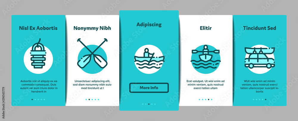 Canoeing Onboarding Mobile App Page Screen Vector Thin Line. Canoe Transportation On Car And Canoening Protection Safety Life Equipment Concept Linear Pictograms. Contour Illustrations