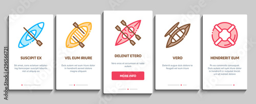 Canoeing Onboarding Mobile App Page Screen Vector Thin Line. Canoe Transportation On Car And Canoening Protection Safety Life Equipment Concept Linear Pictograms. Contour Illustrations