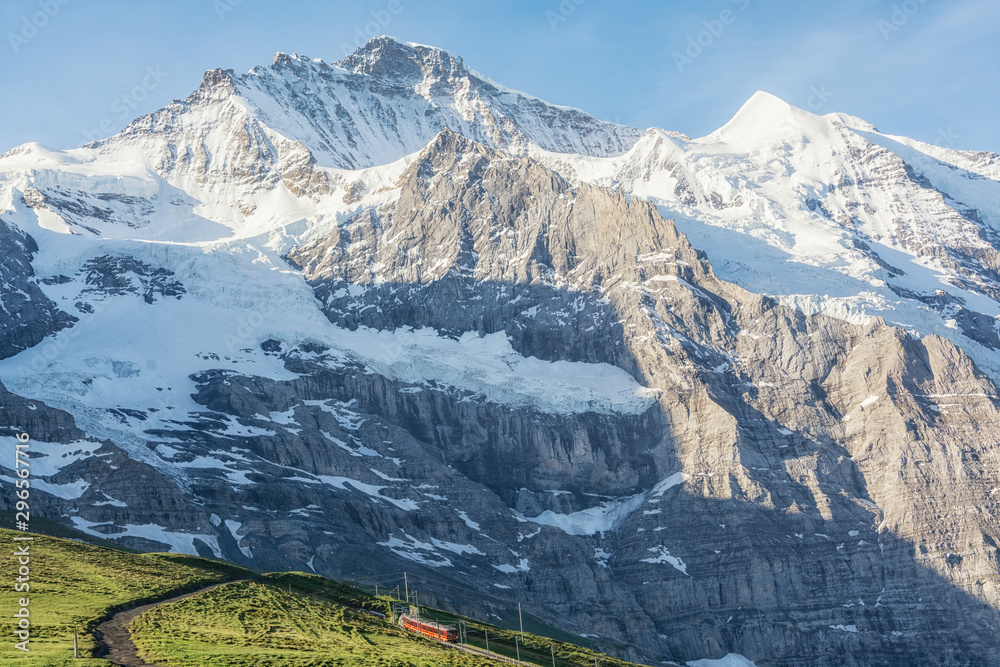 Fototapeta premium View of the Jungfrau peak from the Kleine Scheidegg pass, Bernese Alps, Switzerland
