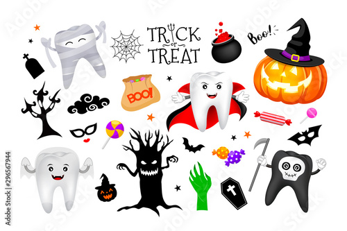 Funny cartoon tooth character set with halloween element. Illustration isolated on white backgeound. Trick or treat concept.