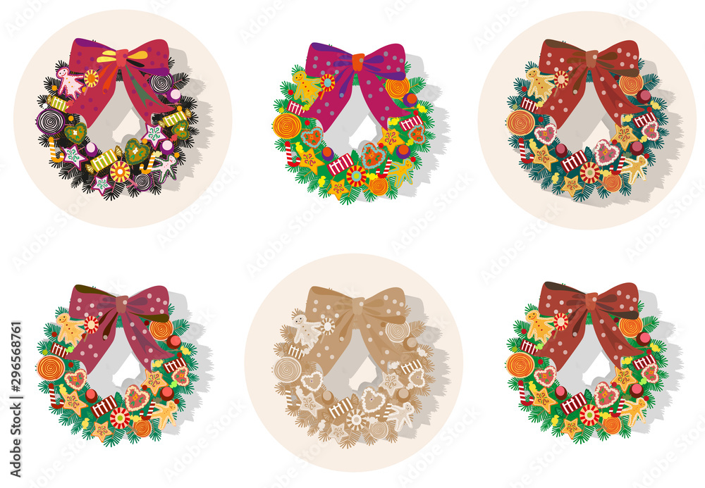 Christmas door wreath set vector illustration