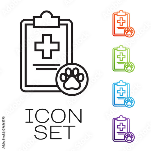 Black line Clipboard with medical clinical record pet icon isolated on white background. Health insurance form. Medical check marks report. Set icons colorful. Vector Illustration