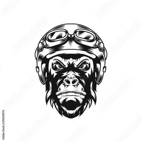 Vector illustration of Gorilla head with helmet for motorcycle riders logo or other sports