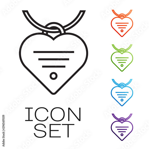 Black line Collar with name tag and heart icon isolated on white background. Simple supplies for domestic animal. Cat and dog care. Pet chains. Set icons colorful. Vector Illustration