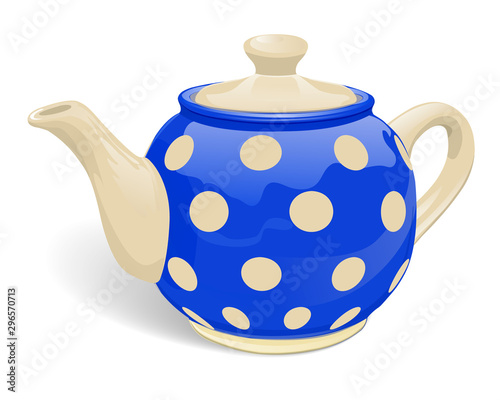 Realistic ceramic teapot. Blue with beige peas. Isolated on white background. Vector illustration.