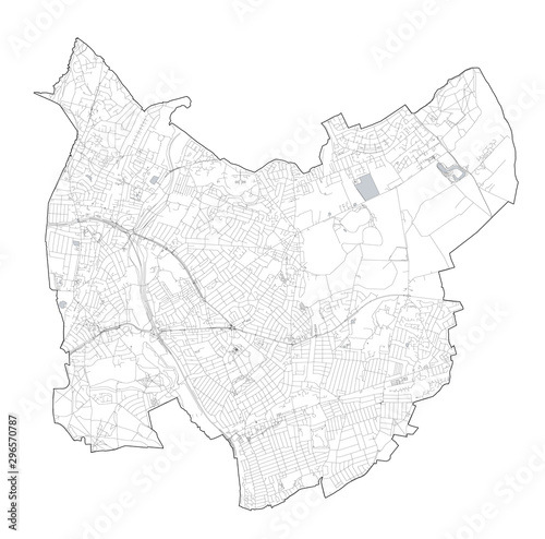 Satellite view of the London boroughs, map and streets of Redbridge borough. England