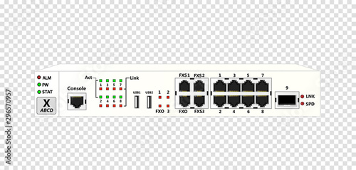 The service router for use in corporate communication networks has 16 Ethernet ports, 1 1000Base-X SFP port, 2 USB ports, 6 FXS ports, 2 FXO port. White colour. Vector illustration.