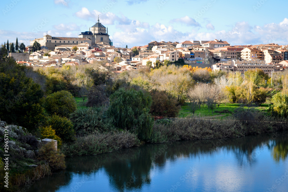 Beautiful view from the river bank on the ancient city of Toledo.
