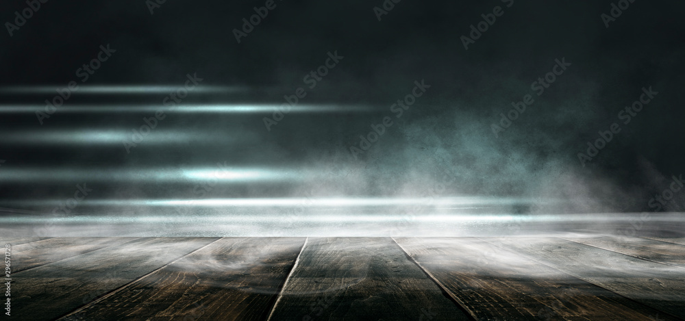 Fototapeta Tło pustej ciemnej sceny z drewnianą starą podłogę. Neonowe światło dymu. Ciemne tło abstrakcyjne