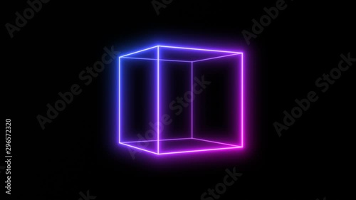 Set of Neon Light Cube 3D Shape Animation Loops on Back Background. Includes 3 loop-ready full rotations on vertical, horizontal and combined triple-axis.