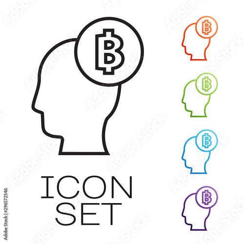 Black line Bitcoin think icon isolated on white background. Cryptocurrency head. Blockchain technology, digital money market, cryptocoin wallet. Set icons colorful. Vector Illustration