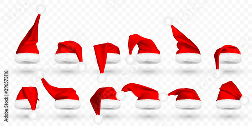 Red Santa Claus hat isolated on transparent background. Gradient mesh Santa Claus cap with fur. Vector illustration