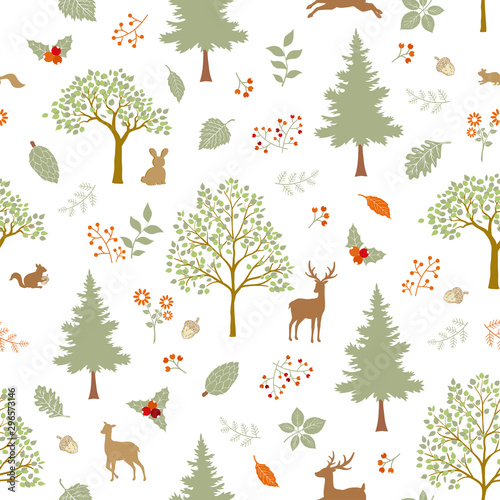 Cute hand drawn animal wildlife in the forest seamless pattern,Christmas or fall background for decorative,apparel,fashion,fabric,textile,print or wrapping paper