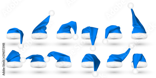 Blue Santa Claus hat isolated on white background. Gradient mesh Santa Claus cap with fur. Vector illustration