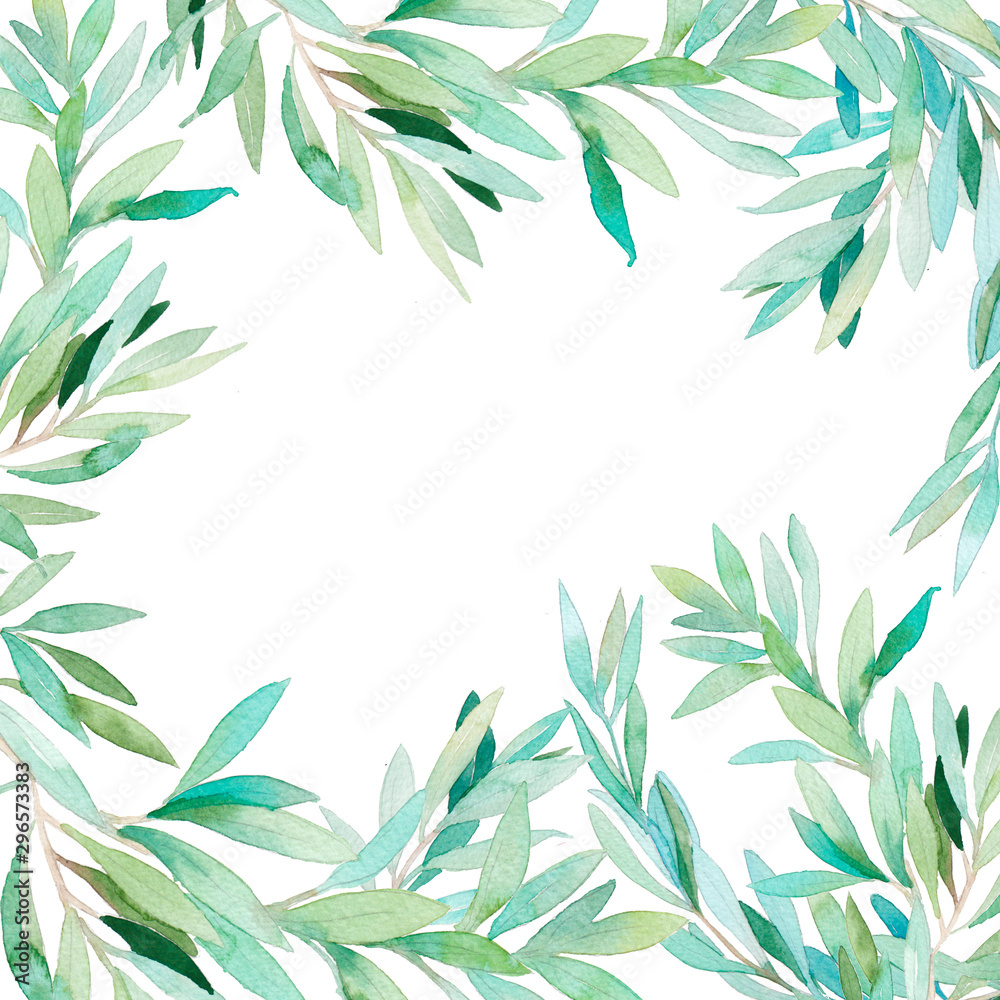 Watercolor green branches. Hand drawn frame
