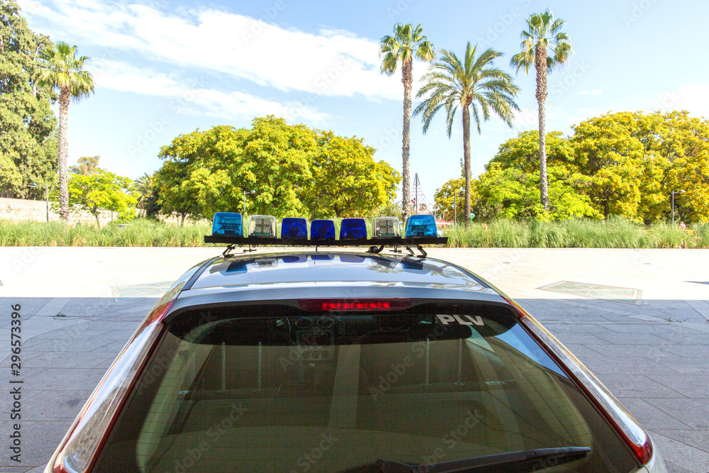 In Spain, Valencia city, PLV or Policia Local Valencia - the local car police. Policia Municipal (also known as Policia Local) Valencia city. Security and terrorism editorial concept.