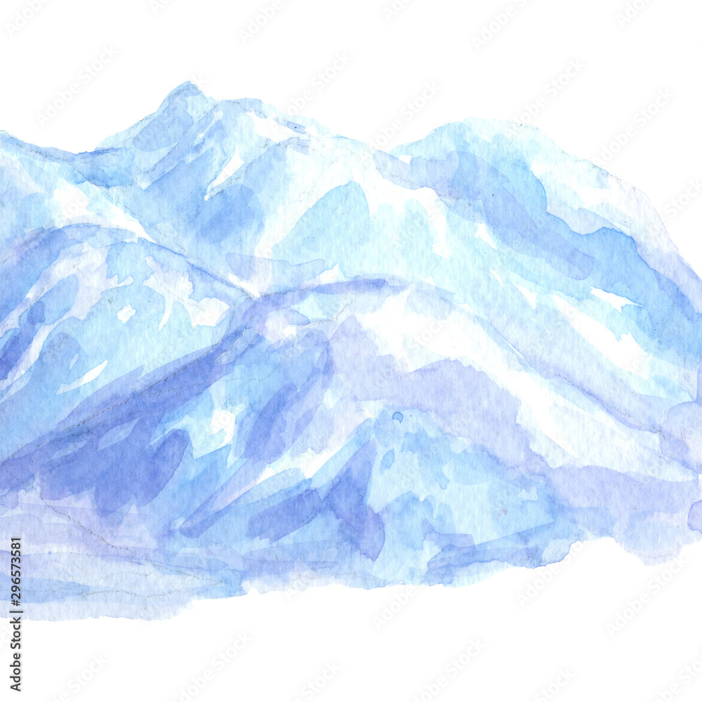 Fototapeta premium Mountain landscape with winter snow blue shade on white background hand drawn watercolor painting