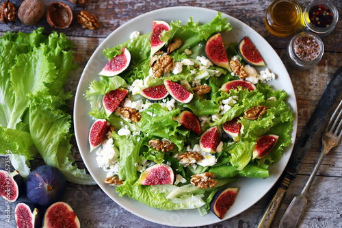Healthy salad with figs, cottage cheese and walnuts. Keto salad. Keto diet.