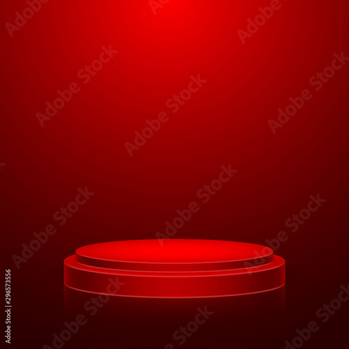 Round stage podium with light. Stage vector backdrop. Festive podium scene with red carpet for award ceremony. Vector illustration