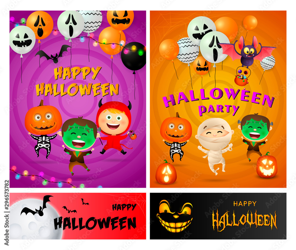 Halloween party violet, orange banner set with monsters. Halloween, October, trick or treat. Lettering can be used for greeting cards, invitations, announcements