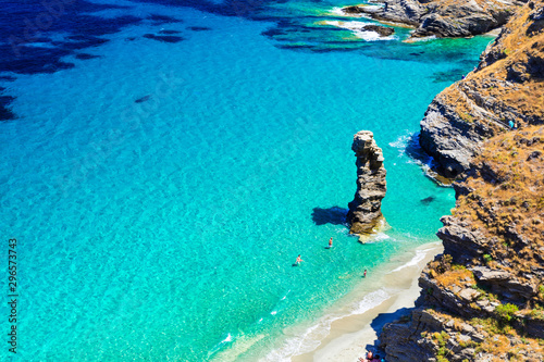 Fototapeta Naklejka Na Ścianę i Meble -  Most  beautiful beaches of Greece - Andros island, Tis Grias To Pidima with famous rock