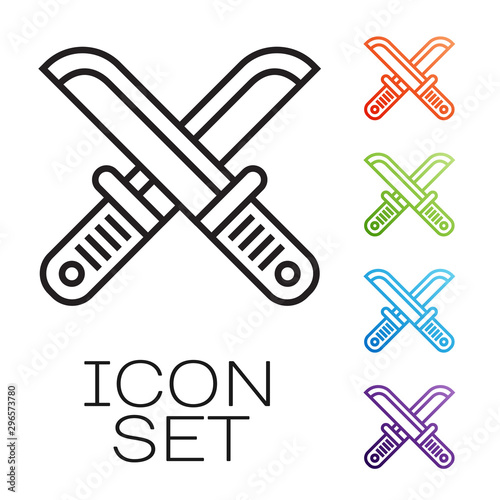 Black line Crossed hunter knife icon isolated on white background. Army knife. Set icons colorful. Vector Illustration