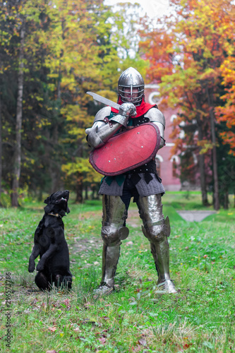 knight and dog black labrador standing guards a castle fortress medieval protection historical