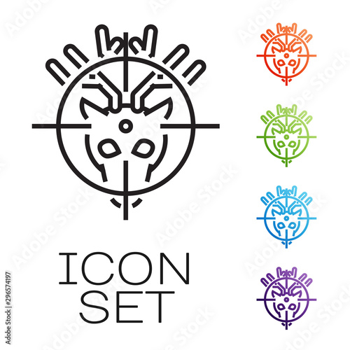 Black line Hunt on deer with crosshairs icon isolated on white background. Hunting club logo with deer and target. Rifle lens aiming a deer. Set icons colorful. Vector Illustration