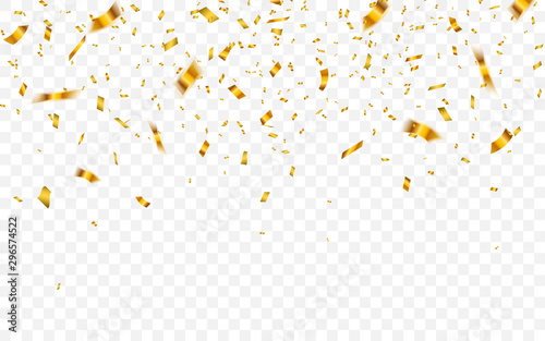 Gold confetti. Celebration carnival falling shiny glitter confetti in gold color. Luxury greeting card. Vector illustration