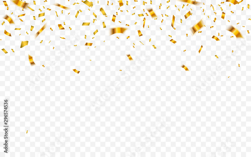 Gold confetti. Celebration carnival falling shiny glitter confetti in gold color. Luxury greeting card. Vector illustration