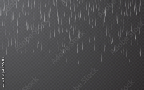 Rain drops on transparent background. Falling water drops. Nature rainfall. Vector illustration