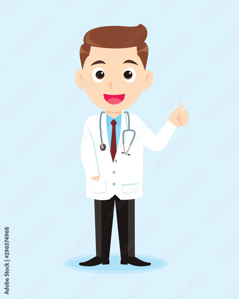 Cartoon doctor with thumb up. Medical doctor in white coat showing greeting gesture. vector illustration isolated cartoon background