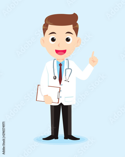 Cartoon doctor. Medical doctor in white coat showing greeting gesture. vector illustration isolated cartoon background