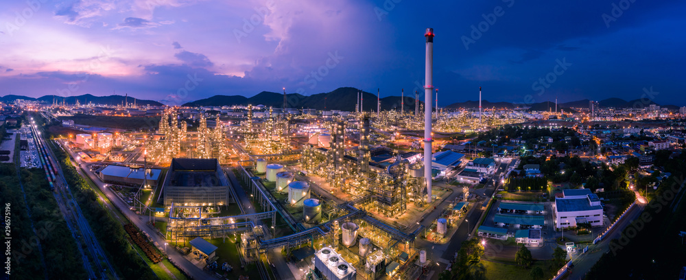 panorama refinery factory zone at night over lighting aerial view