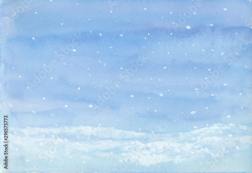 Falling snow landscape winter background, blue and white hand painted on paper for New year, Christmas greeting card, image or text space, or wallpaper backdrop