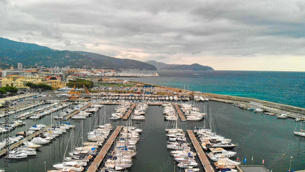 Panoramic aerial view of Chiavari port. Liguria, Italy