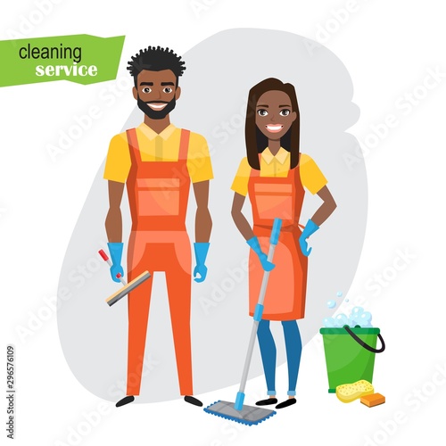 Professional cleaners team. Young black african american smiling couple are holding cleaning tools. Vector illustration of cartoon characters