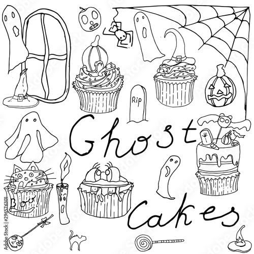 Hand drawn monochrome set of cupcakes dedicated to Halloween. Ghost cakes