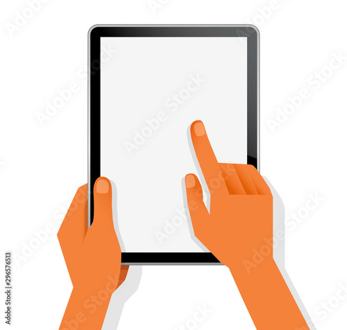 Hand touching blank screen of tablet computer. Flat design concept. Eps 10 vector illustration isolated on white background